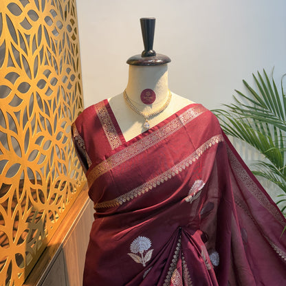 Maroon Semi Raw Silk Banarasi Saree – woven (zari) work			