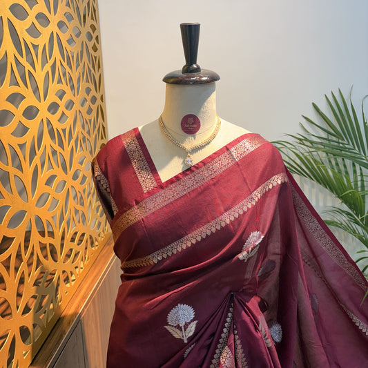 Maroon Semi Raw Silk Banarasi Saree – woven (zari) work