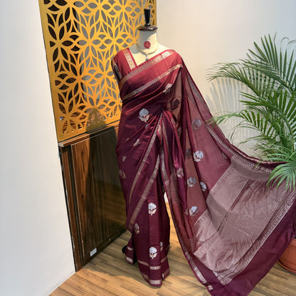 Maroon Semi Raw Silk Banarasi Saree – woven (zari) work			