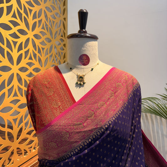 Purple 3D Banarasi Pure Crepe Saree