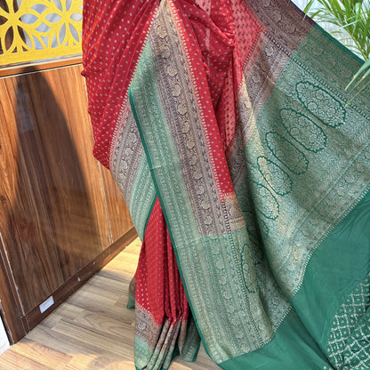 Red 3D Banarasi Pure Crepe Saree