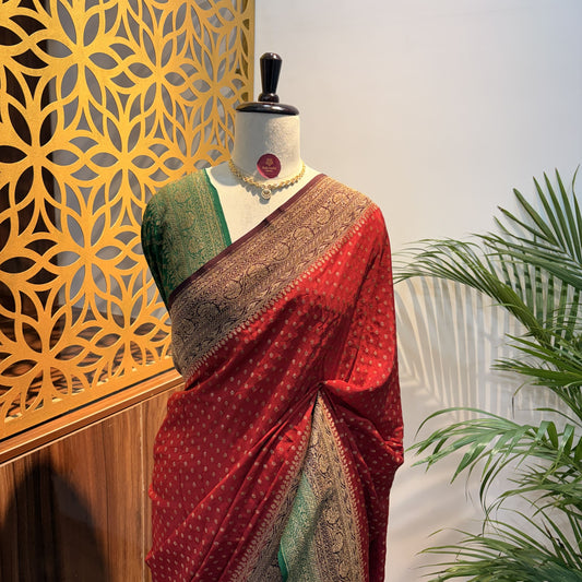 Red 3D Banarasi Pure Crepe Saree