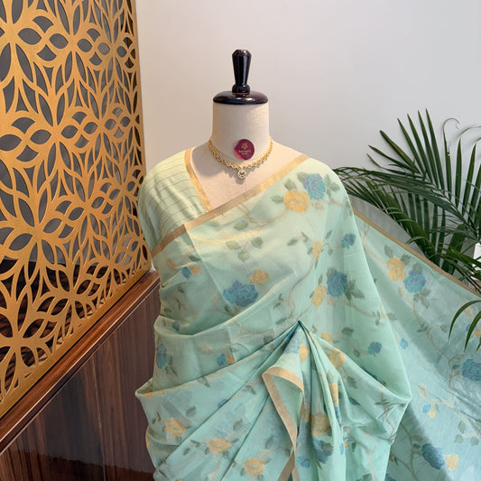 Sea Green Woven Cotton Saree – woven (zari) work