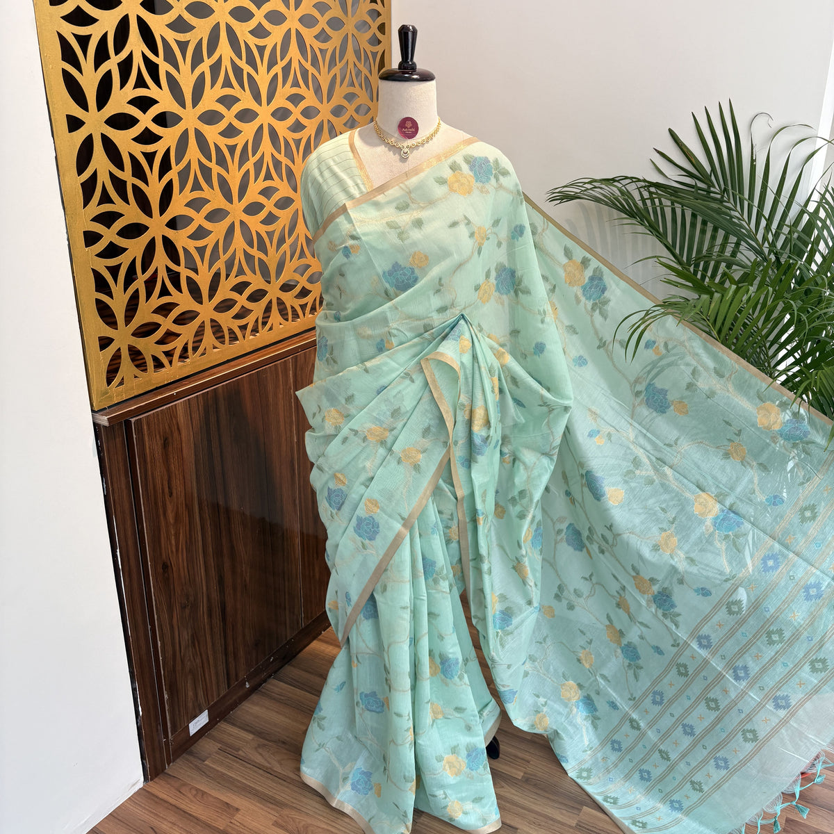 Sea Green Woven Cotton Saree – woven (zari) work			