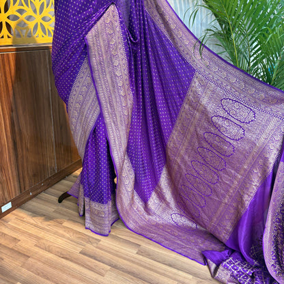 Purple Banarasi Pure Crepe Saree
