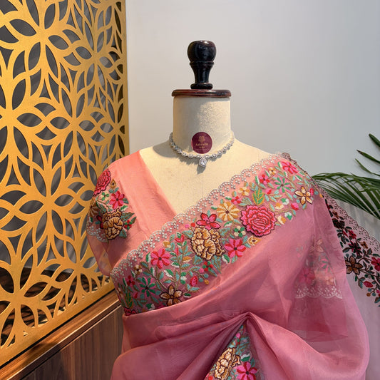 Pink Pure Organza Embroidered Saree