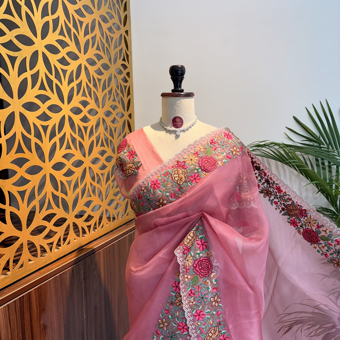 Pink Pure Organza Embroidered Saree