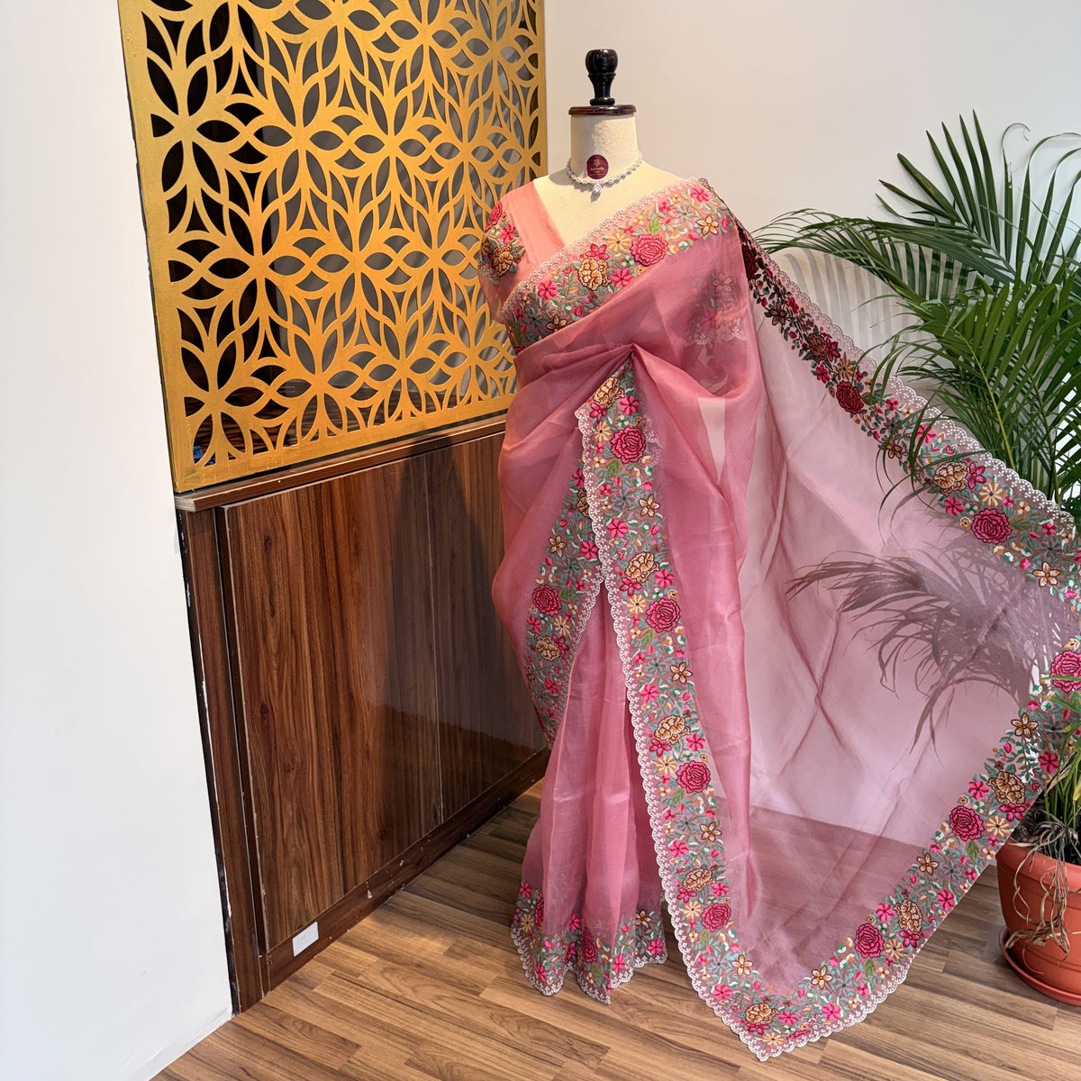 Pink Pure Organza Embroidered Saree