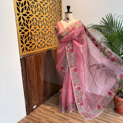 Pink Pure Organza Embroidered Saree