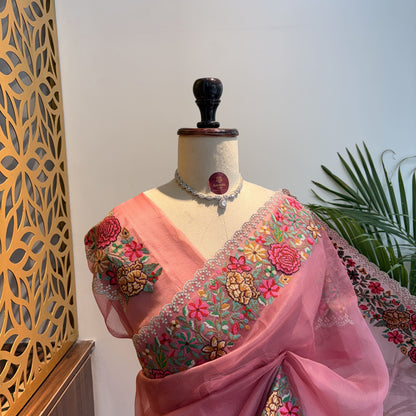 Pink Pure Organza Embroidered Saree