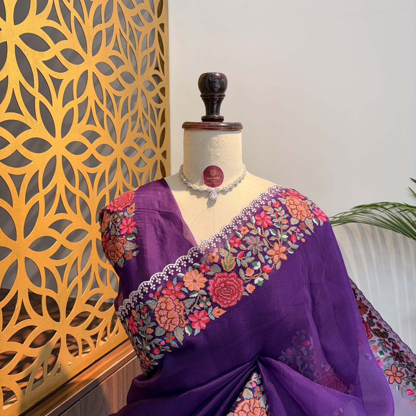 Purple Pure Organza Embroidered Saree