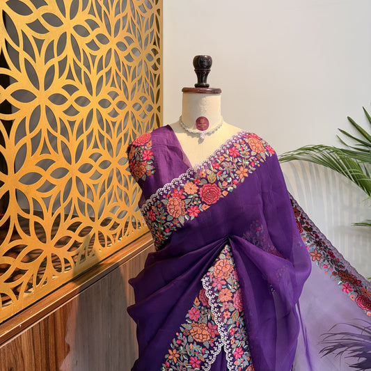 Purple Pure Organza Embroidered Saree