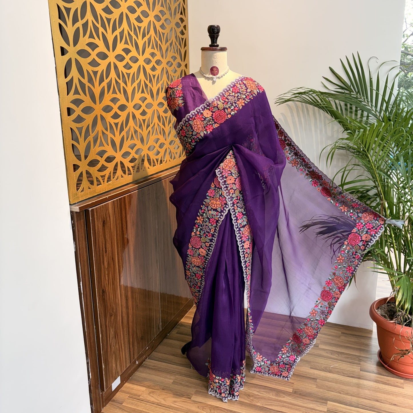 Purple Pure Organza Embroidered Saree