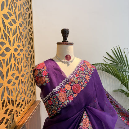 Purple Pure Organza Embroidered Saree