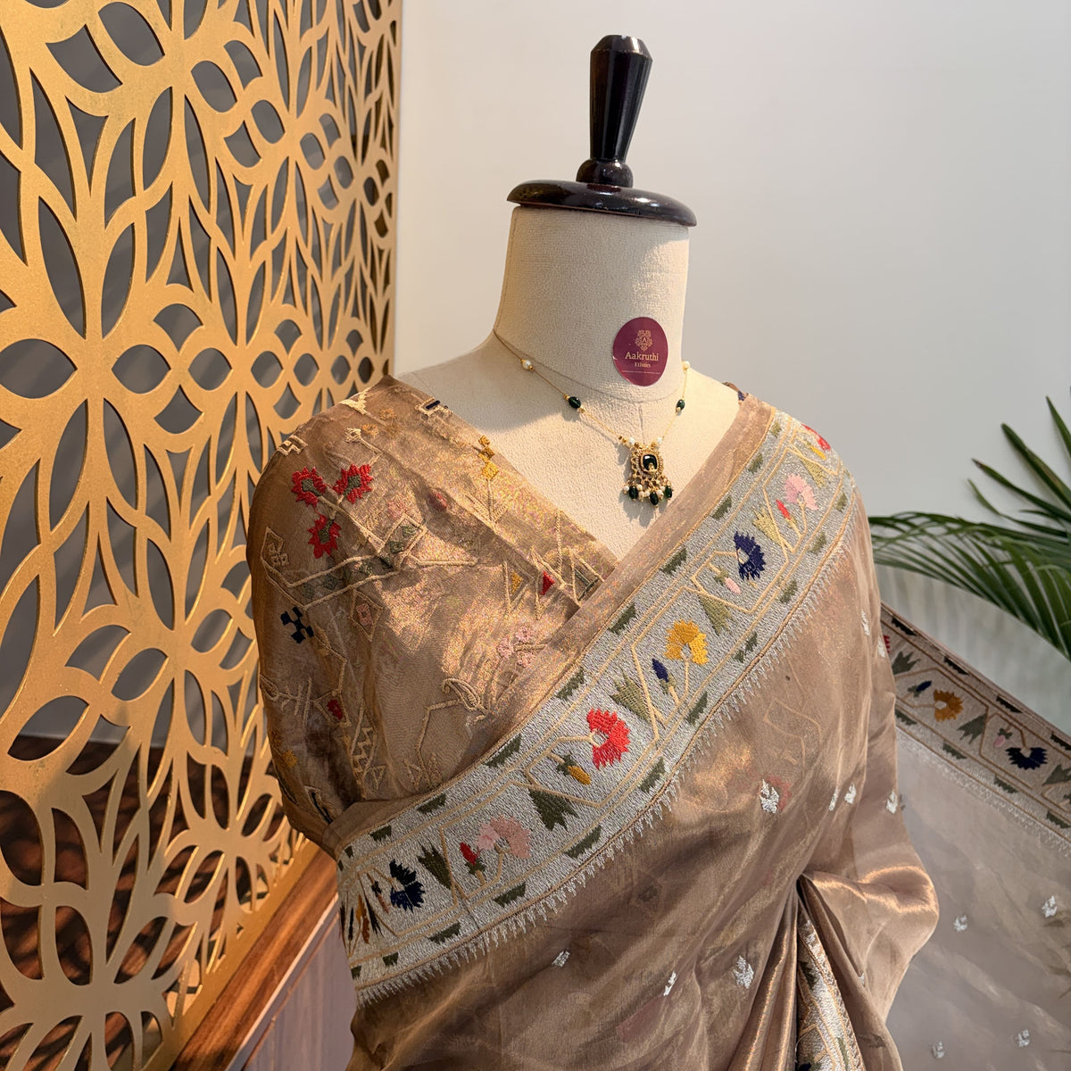 Champagne Gold Pure Tissue Embroidered Saree