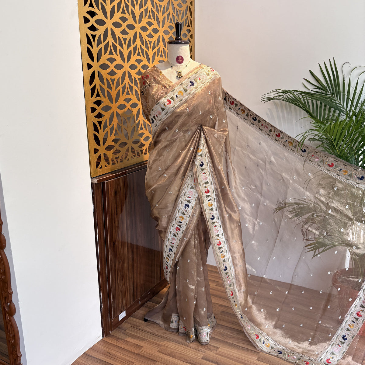 Champagne Gold Pure Tissue Embroidered Saree