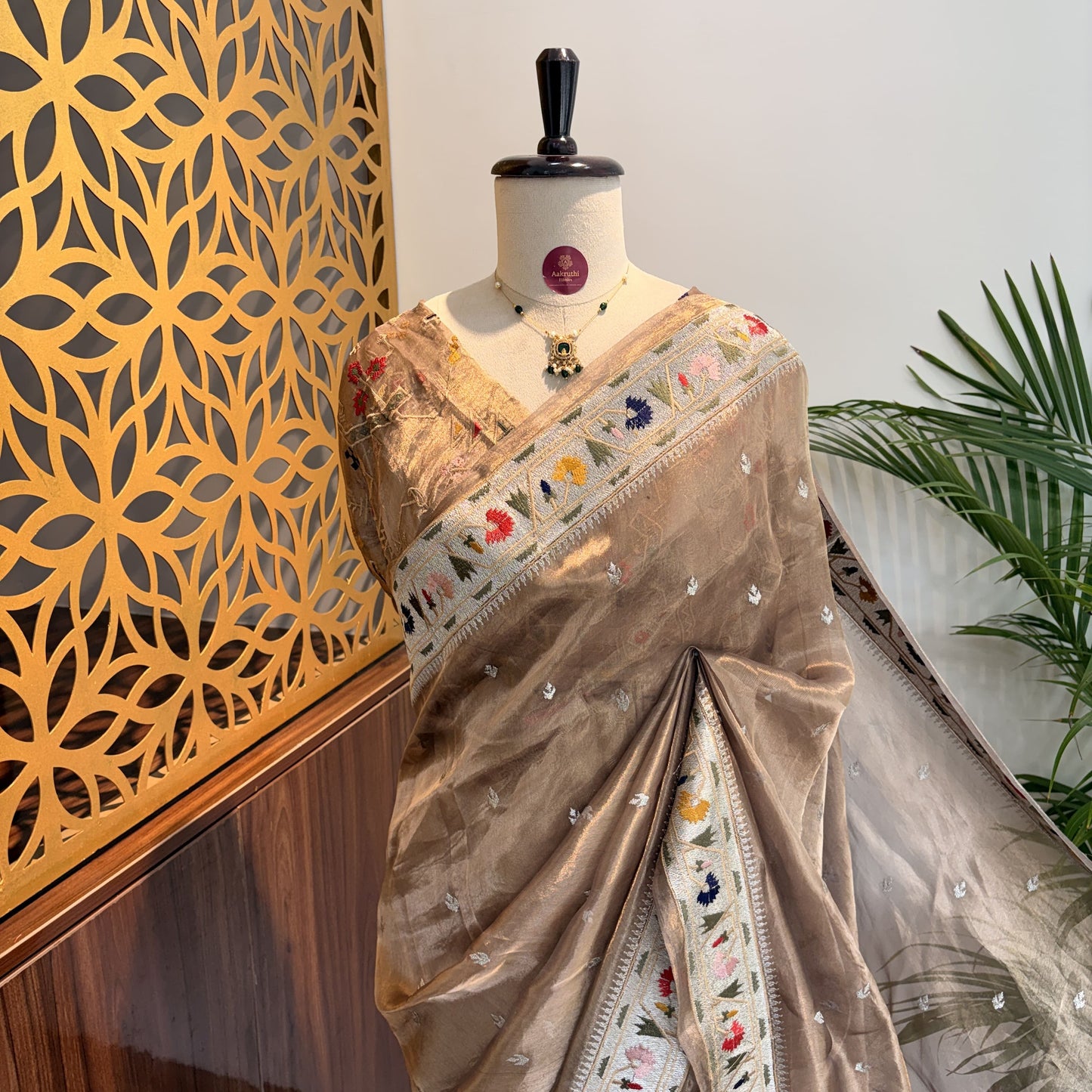 Champagne Gold Pure Tissue Embroidered Saree