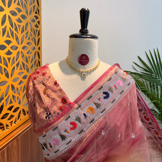 Pink Pure Tissue Embroidered Saree