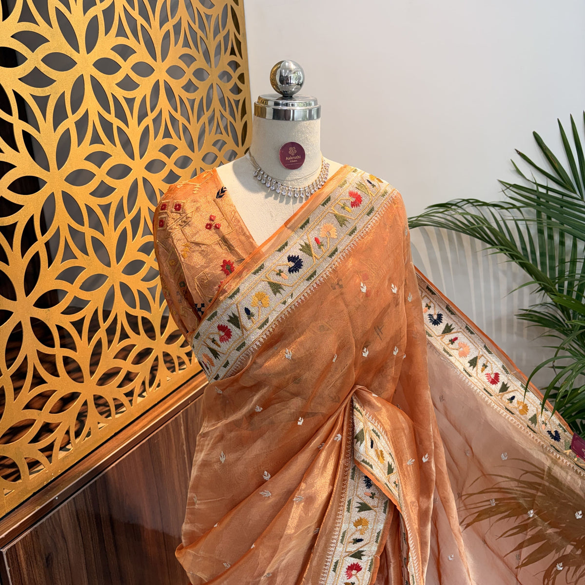 Orange Pure Tissue Embroidered Saree