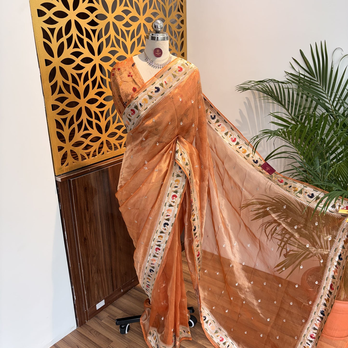 Orange Pure Tissue Embroidered Saree