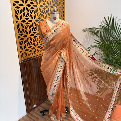 Orange Pure Tissue Embroidered Saree