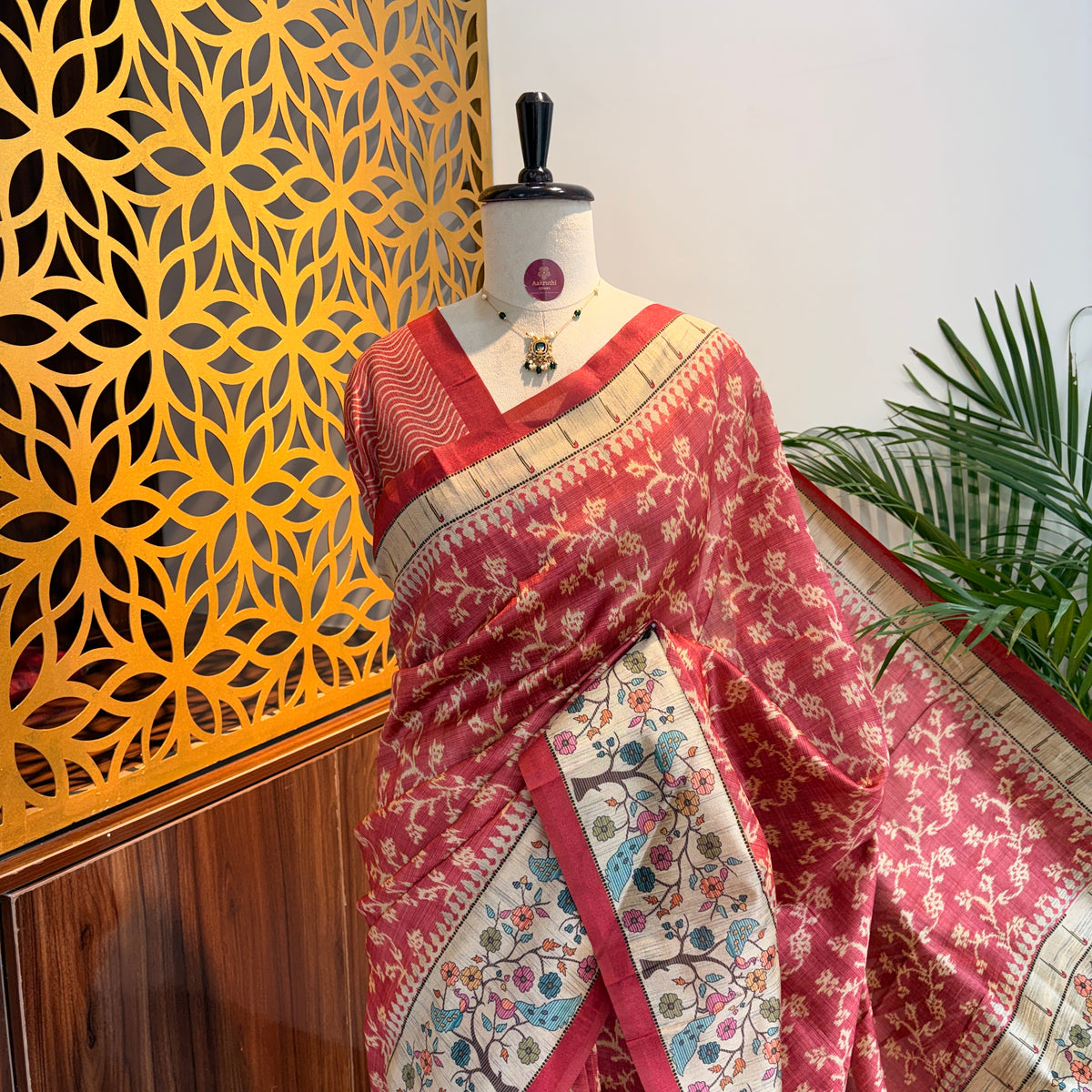 Peach Semi Tussar Printed Saree