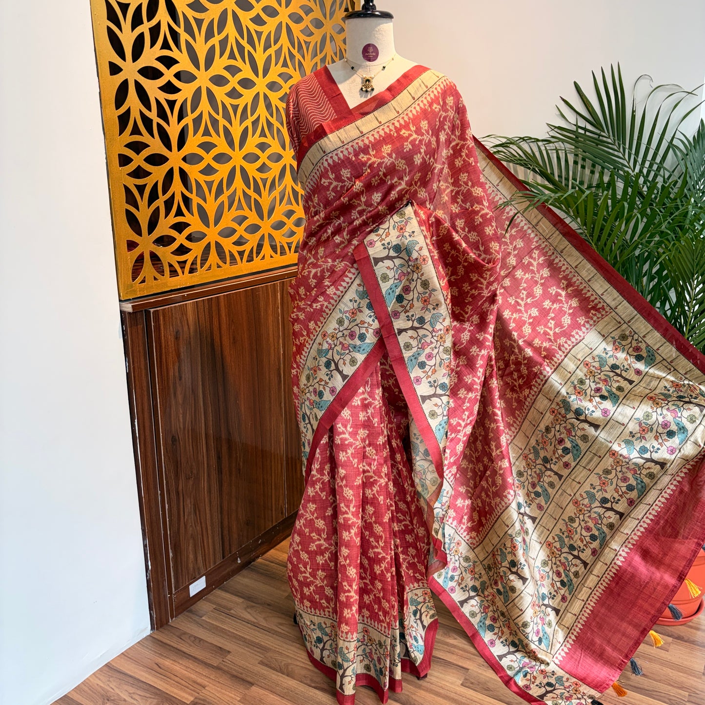 Peach Semi Tussar Printed Saree