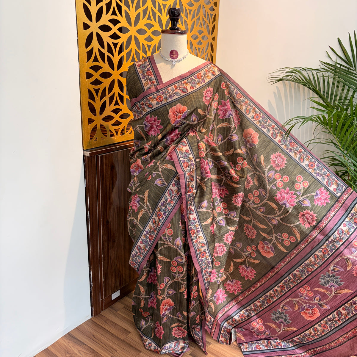 Green Semi Tussar Printed Saree