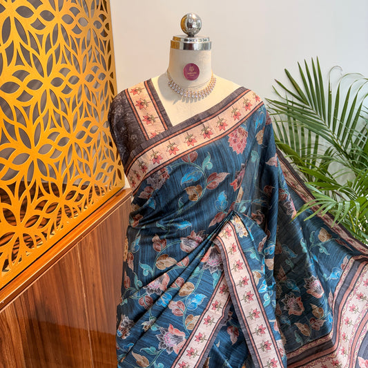 Blue Semi Tussar Printed Saree