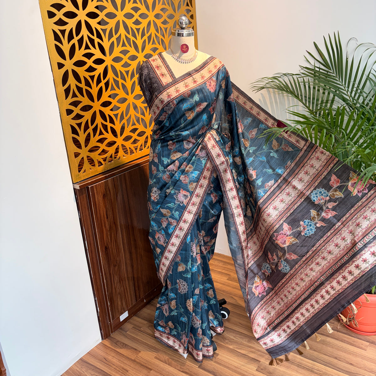 Blue Semi Tussar Printed Saree