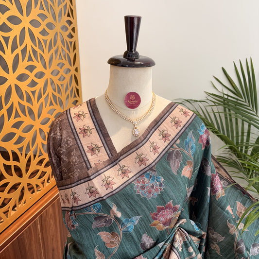 Sea Green Semi Tussar Printed Saree
