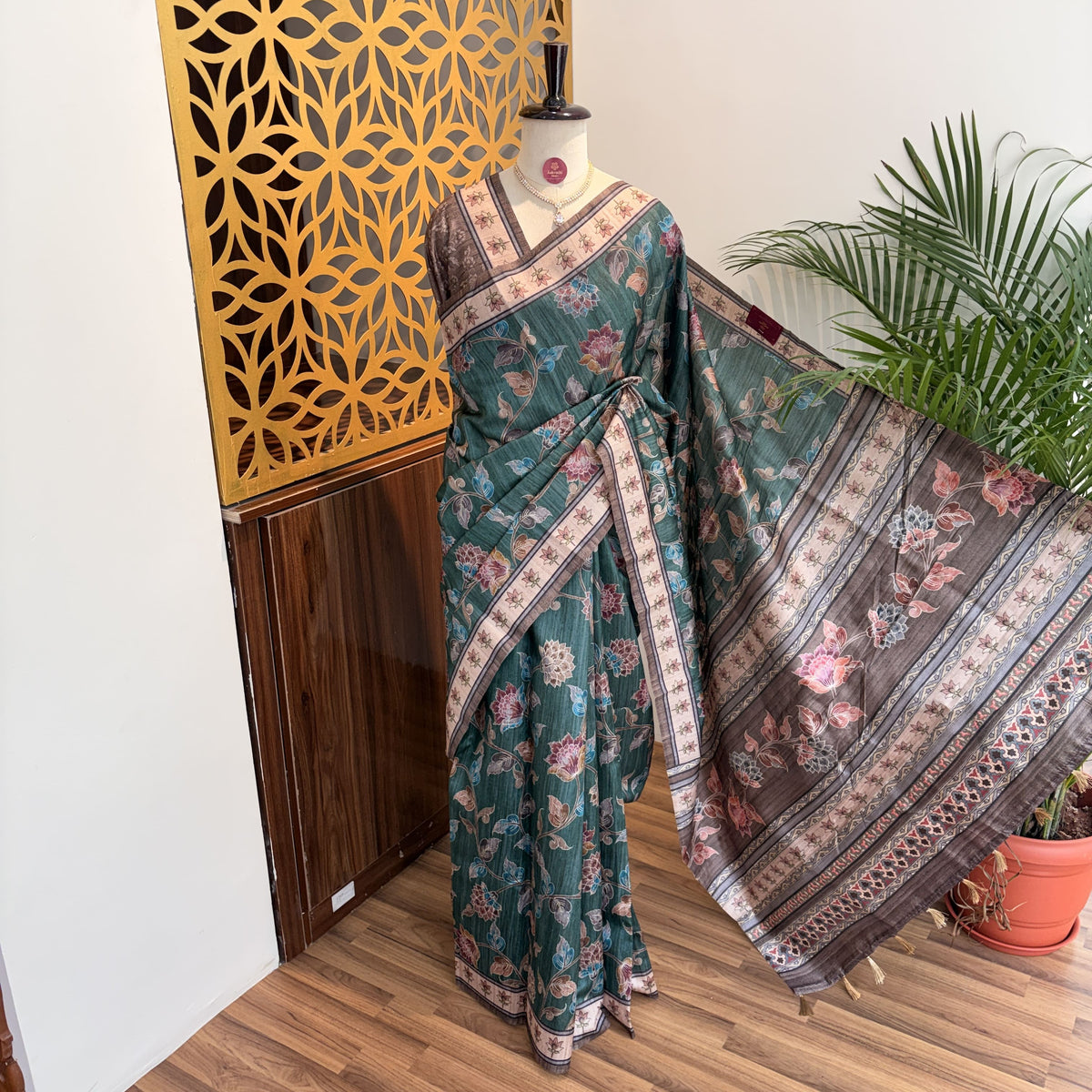 Sea Green Semi Tussar Printed Saree