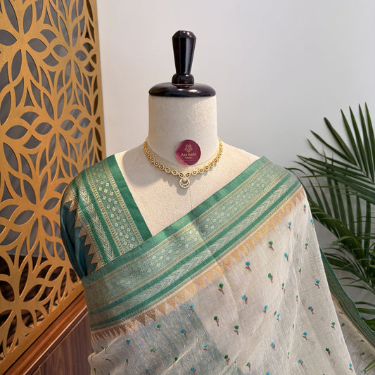 White Woven Cotton Saree – embroidered work