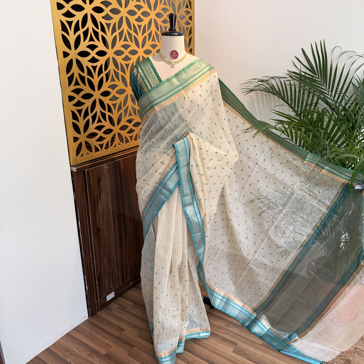White Woven Cotton Saree – embroidered work			