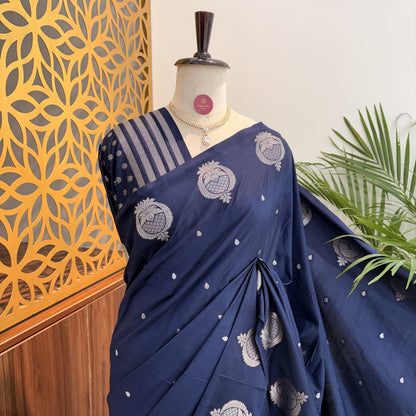Navy Blue Semi Raw Mango Banarasi Saree – woven (zari) work			