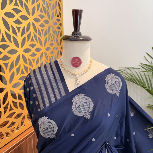 Navy Blue Semi Raw Mango Banarasi Saree – woven (zari) work