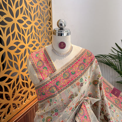 Cream Woven Cotton Saree – meenakari work			