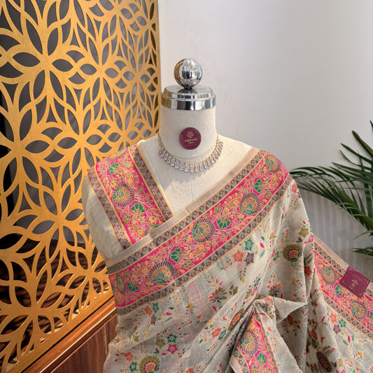 Cream Woven Cotton Saree – meenakari work