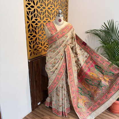 Cream Woven Cotton Saree – meenakari work			