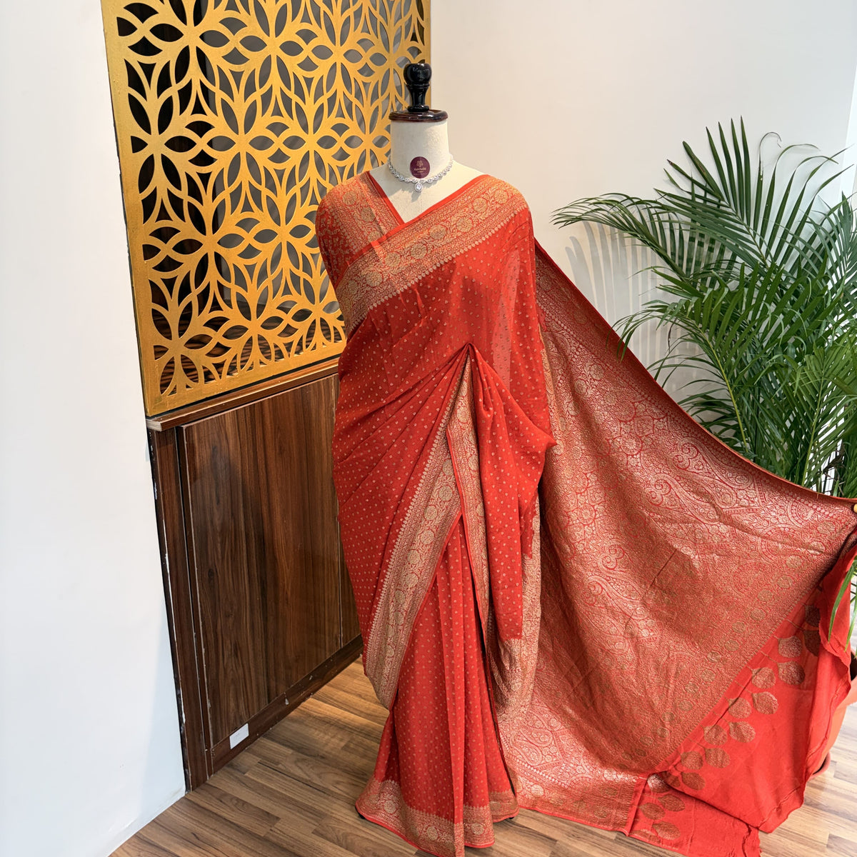 Orange Banarasi Pure Crepe Saree
