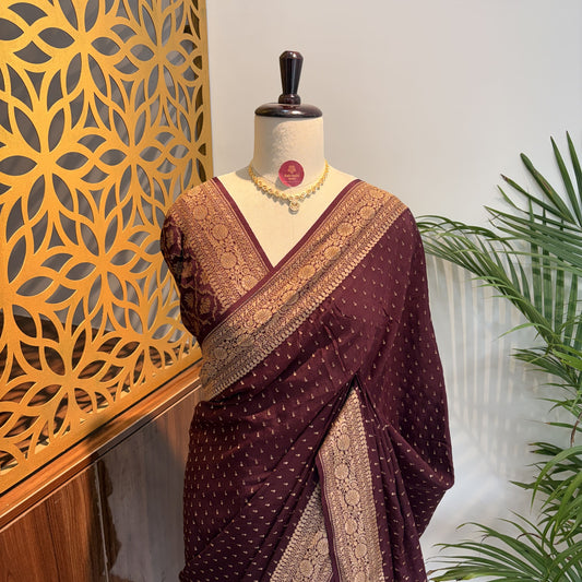Brown Banarasi Pure Crepe Saree
