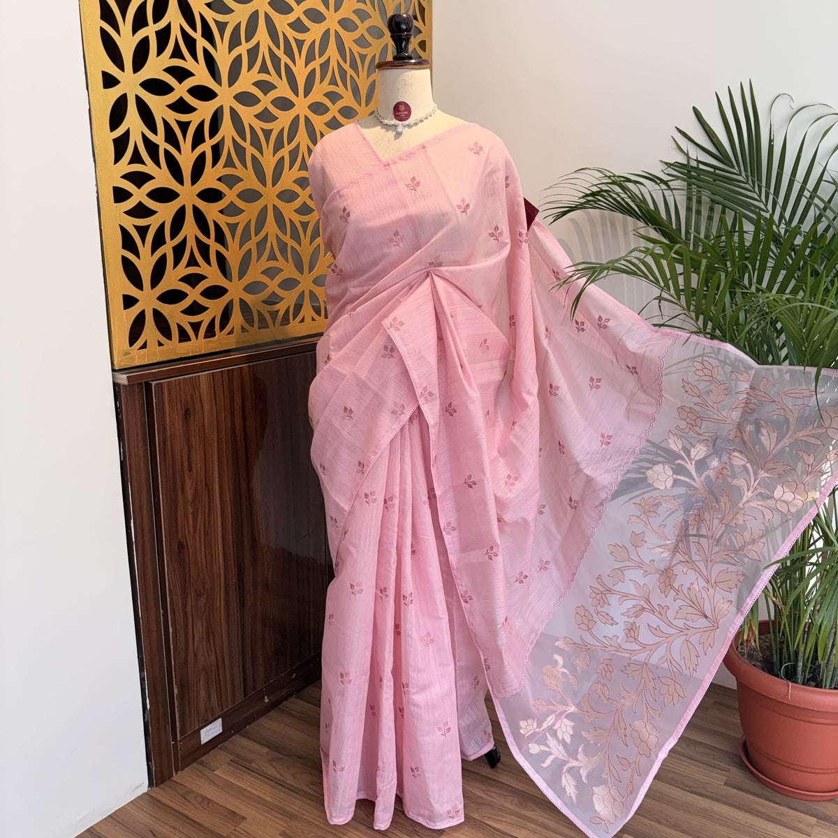 Pink Woven Cotton Saree – embroidered work			