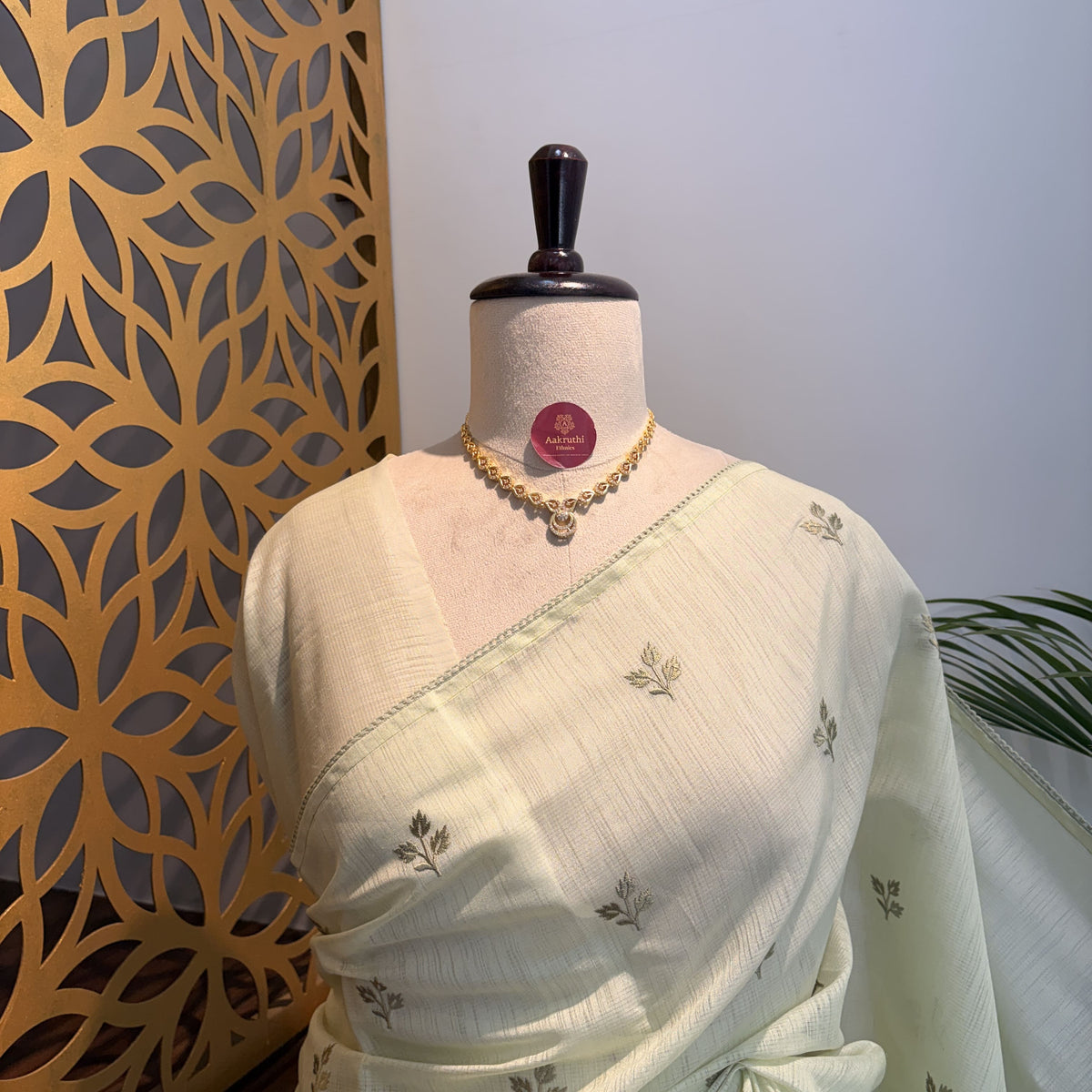 Pista Green Woven Cotton Saree – embroidered work			