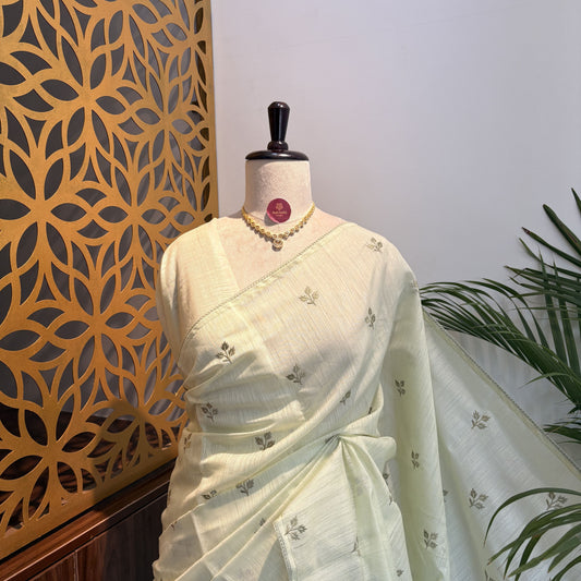 Pista Green Woven Cotton Saree – embroidered work