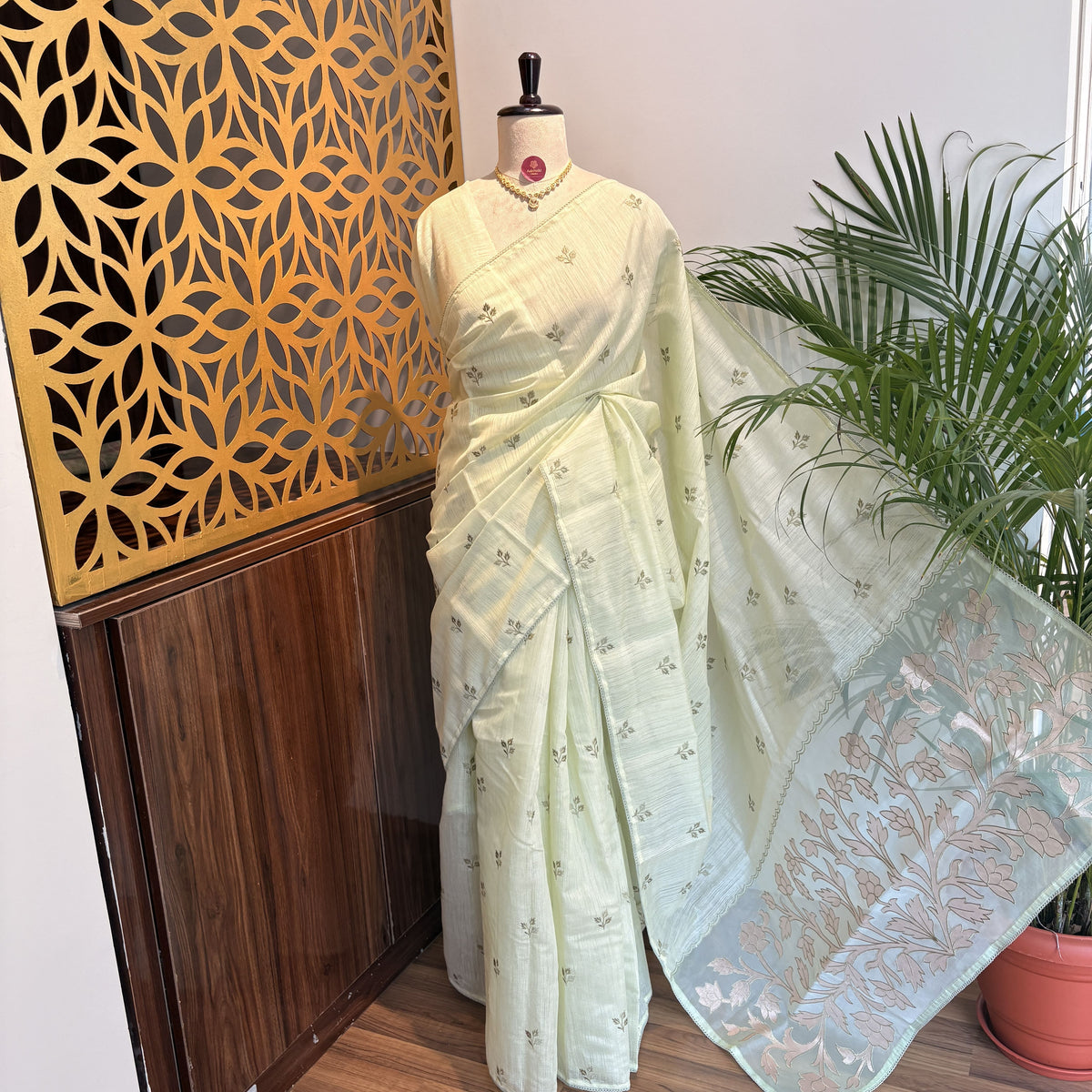 Pista Green Woven Cotton Saree – embroidered work			
