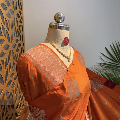 Orange Semi Raw Mango Banarasi Saree
