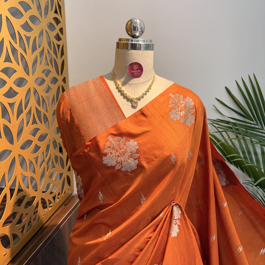 Orange Semi Raw Mango Banarasi Saree