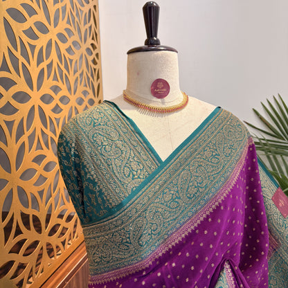 Purple Banarasi Pure Crepe Saree