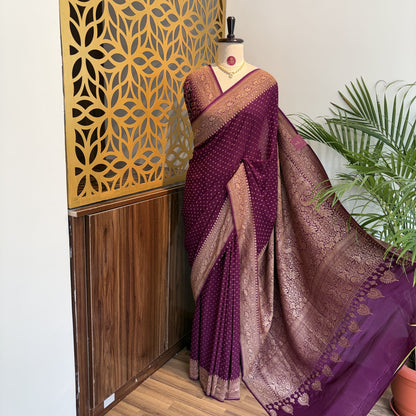 Wine Banarasi Pure Crepe Saree – woven (zari) work			