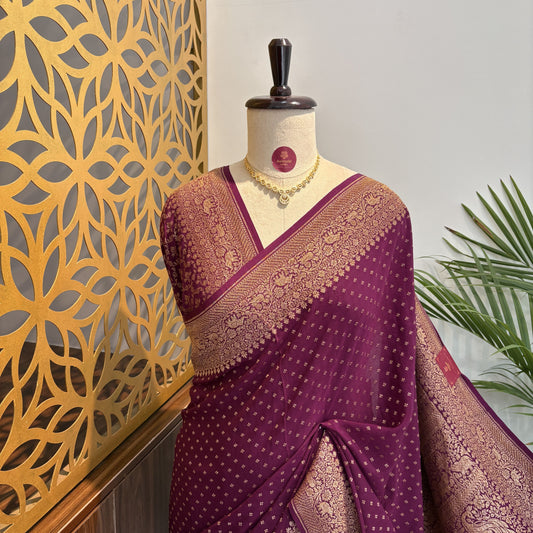 Wine Banarasi Pure Crepe Saree – woven (zari) work